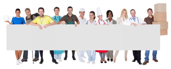 Diverse group of professionals proudly presenting an empty banner