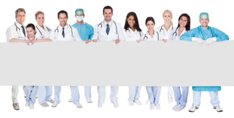 Medical professionals presenting an empty banner, standing in a diverse group