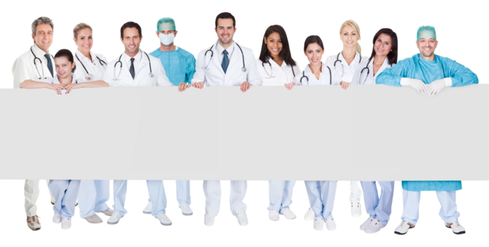 Medical professionals presenting an empty banner, standing in a diverse group