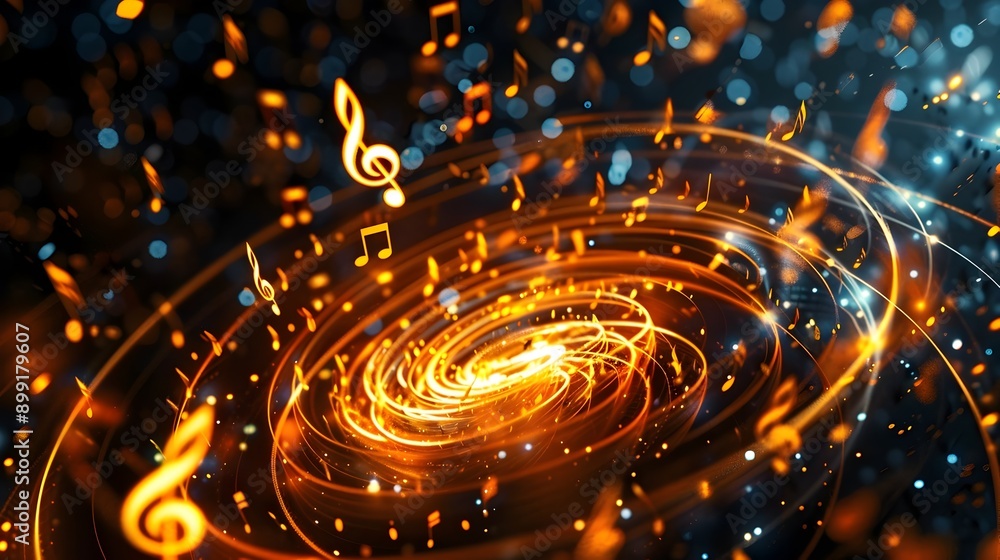 Poster mesmerizing 3d spiral of glowing music notes in dynamic abstract background