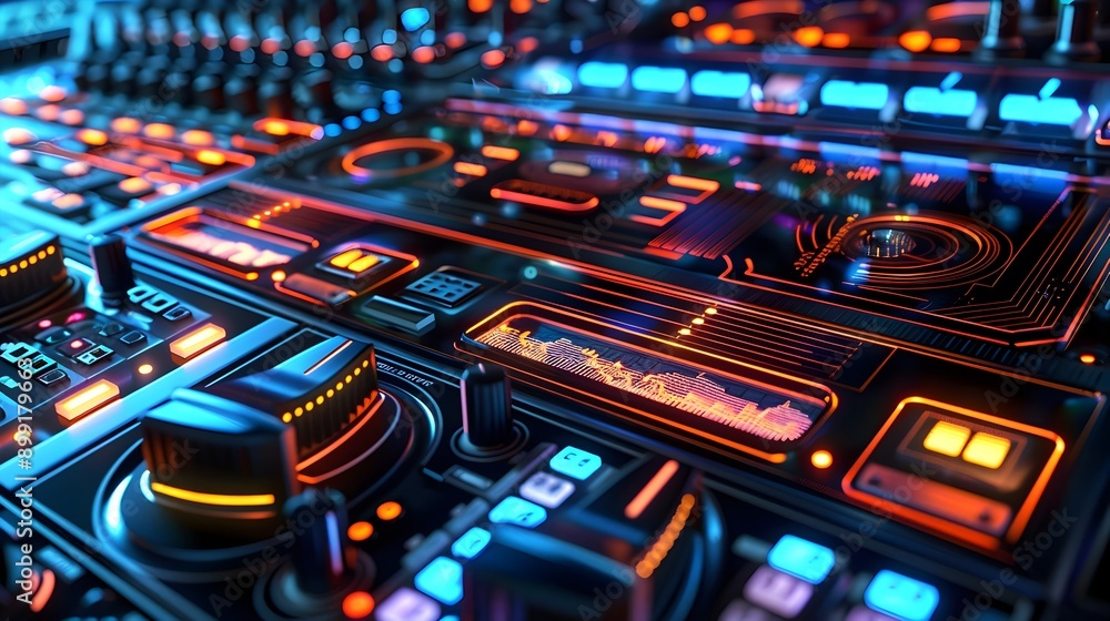 Poster futuristic 3d digital soundboard with interactive elements and dynamic background music