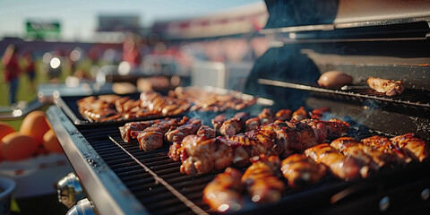 Stadium tailgating or grilling on a yoder smoker ys640s pellet grill outside a foodpall stadium with chicken on the grill having fun.