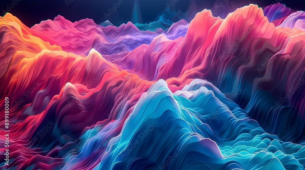 Poster vibrant 3d soundwave landscape with dynamic colors and unique digital pattern