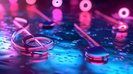 Fototapeta premium Vibrant Neon-Lit 3D Musical Elements Forming Elegant Rhythmic Composition