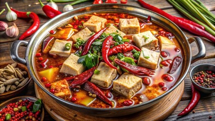 Vibrant Sichuan hot pot overflows with savory meats, crisp vegetables, and tender tofu in a spicy broth infused with crimson peppers, aromatic spices, and numbing peppercorns.