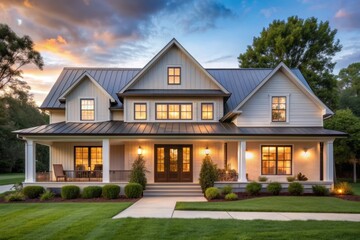 Sleek modern suburban farmhouse boasts minimalist architecture, gabled roof, and large inviting front porch, blending traditional charm with contemporary elegance in serene surroundings.