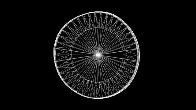 Spinning 3d wireframe circular pattern on plain black background