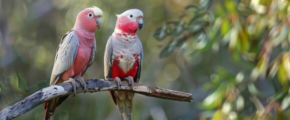 red parrots are sitting on branch