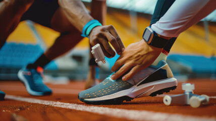 A man is stretching his leg and putting a shoe on