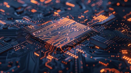 A computer chip with orange and black lines