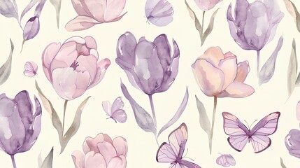 A seamless pattern with watercolor tulips and butterflies, pastel hues evoking spring's essence, pink, soft blue, light green on a white background for a gentle blended effect