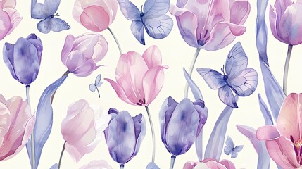 A seamless pattern with watercolor tulips and butterflies, pastel hues evoking spring's essence, pink, soft blue, light green on a white background for a gentle blended effect