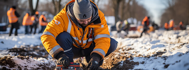 survey engineer in construction site use theodolite mark a concrete pile co ordinate