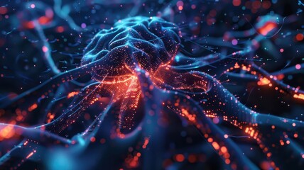 A brain with a lot of neurons and a lot of red and blue