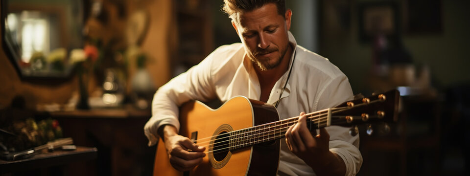 bearded man is sitting at home next to the window and playing the acoustic guitar