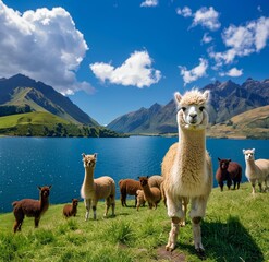 A herd of alpaca, all white and brown, standing on the grassy hill overlooking Lake hipsco in New Zealand with a blue sky and green mountains. The water is a deep dark blue.