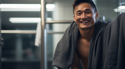 Naklejka premium Man after shower with hygiene, towel and beauty