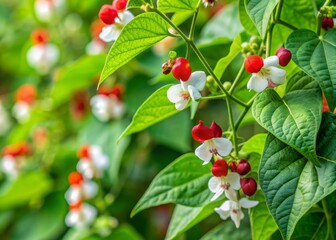 Fototapeta premium Vibrant kidney bean flowers bloom on a lush green vine, delicate white petals and bright red centers creating a stunning, natural banner with ample copyspace.