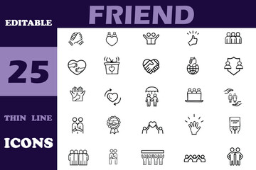 Friend Thin Line Editable Icons set. Friendship related icons: support, friends, trust, and more. Vector illustration in modern thin line style. Pictograms and infographics