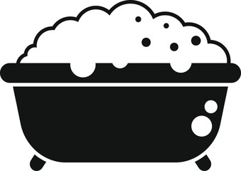Black silhouette of a bathtub full of water with soap bubbles on a white background