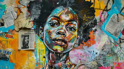 Dreamy African Woman Surrounded by Graffiti and Newspapers