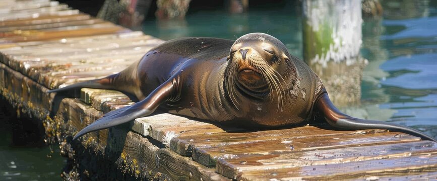 A sea lion lolls in the sun. Sea Lions at San Francisco Pier 39 Fisherman's Wharf has become a major tourist attraction.