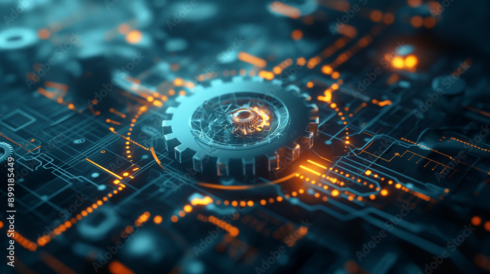 Poster intricate gear mechanism set against a futuristic digital circuit board background in a dark environ