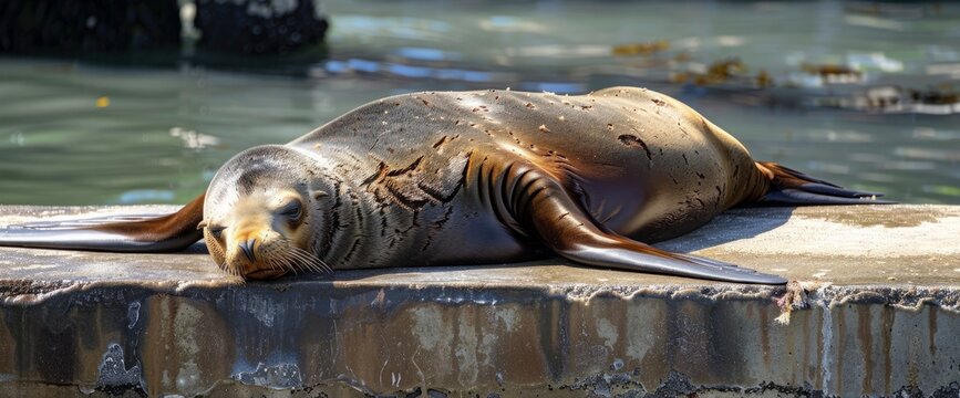 A sea lion lolls in the sun. Sea Lions at San Francisco Pier 39 Fisherman's Wharf has become a major tourist attraction.