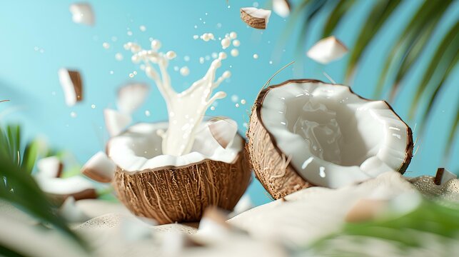 Product photography, coconut milk flowing out of the shell on a light blue background, coconut and green leaves in a sand beach, tropical vibe