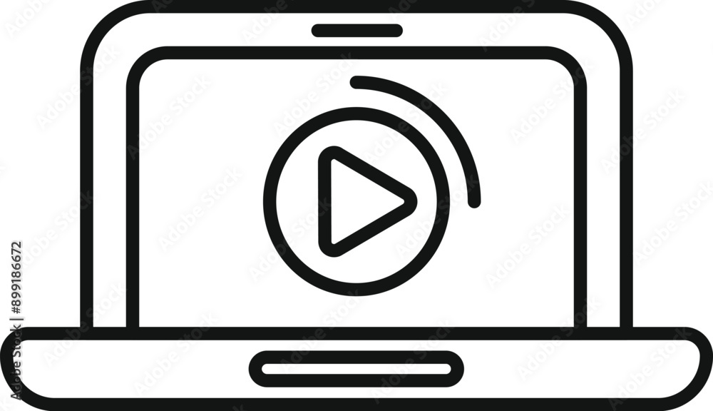 Poster open laptop displaying a video play button, representing online streaming services and multimedia co