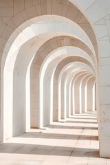 architectural photography, long perspective view of white stone arches, arching towards the horizon, symmetrical composition, sunlight casting shadows on the ground, minimalist design
