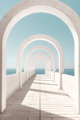 architectural photography, long perspective view of white stone arches, arching towards the horizon, symmetrical composition, sunlight casting shadows on the ground, minimalist design