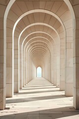 architectural photography, long perspective view of white stone arches, arching towards the horizon, symmetrical composition, sunlight casting shadows on the ground, minimalist design