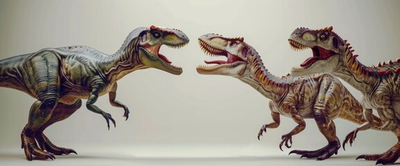 A Tyrannosaurus is fighting three clever Velociraptors.3D illustration 3D rendering