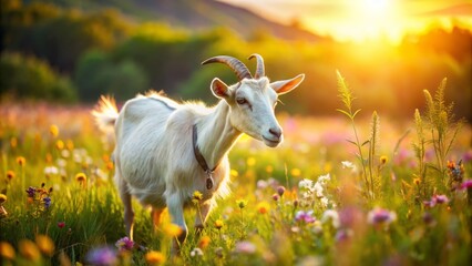 Obraz premium Sunny afternoon scene of a happy goat peacefully grazing on lush green grass in a serene, idyllic pasture, surrounded by vibrant wildflowers.