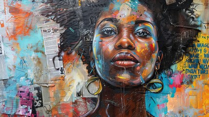 Dreamy African Woman Surrounded by Graffiti and Newspapers