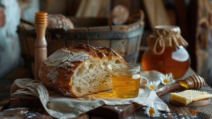 A rustic breakfast scene with a loaf of homemade bread, butter, and a jar of honey.
