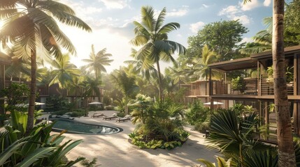 Fototapeta premium 3D rendered hotel building with lush palm trees, offering a realistic and inviting visual of a tropical resort