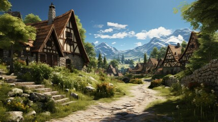 Obraz premium A traditional rural village with thatched-roof cottages