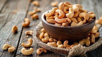 Fototapeta premium A bowl filled with homemade roasted salted cashews on a wooden table, perfect for a healthy snack display