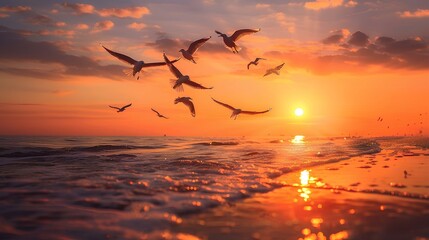 Obraz premium group of seagulls fly over the water surface enjoying their freedom in golden light, The sea is calm, and the sunset shines on it
