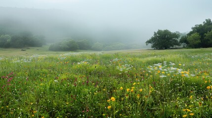 A serene meadow covered in a light fog, with wildflowers peeking through the mist.