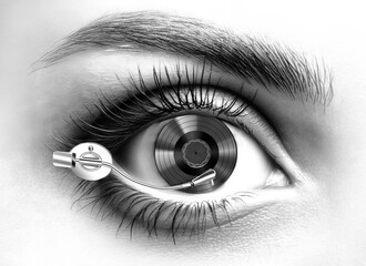 close up of woman eye with a vinyl record and player arm