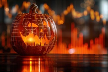 Creative Halloween pumpkin with stock market chart background. Halloween finance and stock market theme. Spooky financial analysis.