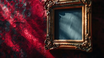 Old vintage picture frame on a red fabric wall background. 