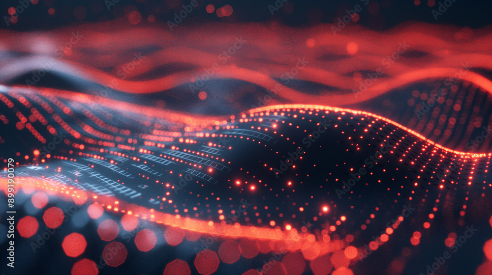 Poster dynamic red waves flowing through digital patterns at night exploring technology
