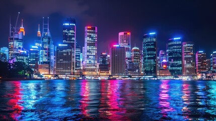 Fototapeta premium A skyline view with buildings lit up in different colors, creating a spectacular night scene.