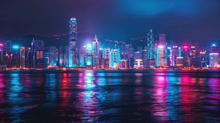 Fototapeta premium A skyline view with buildings lit up in different colors, creating a spectacular night scene.