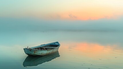 Naklejka premium A small, rustic fishing boat anchored in a lagoon at dawn, with mist rising from the water.