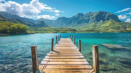 Fototapeta premium A small wooden pier extending into a lagoon with a mountain backdrop and clear skies.